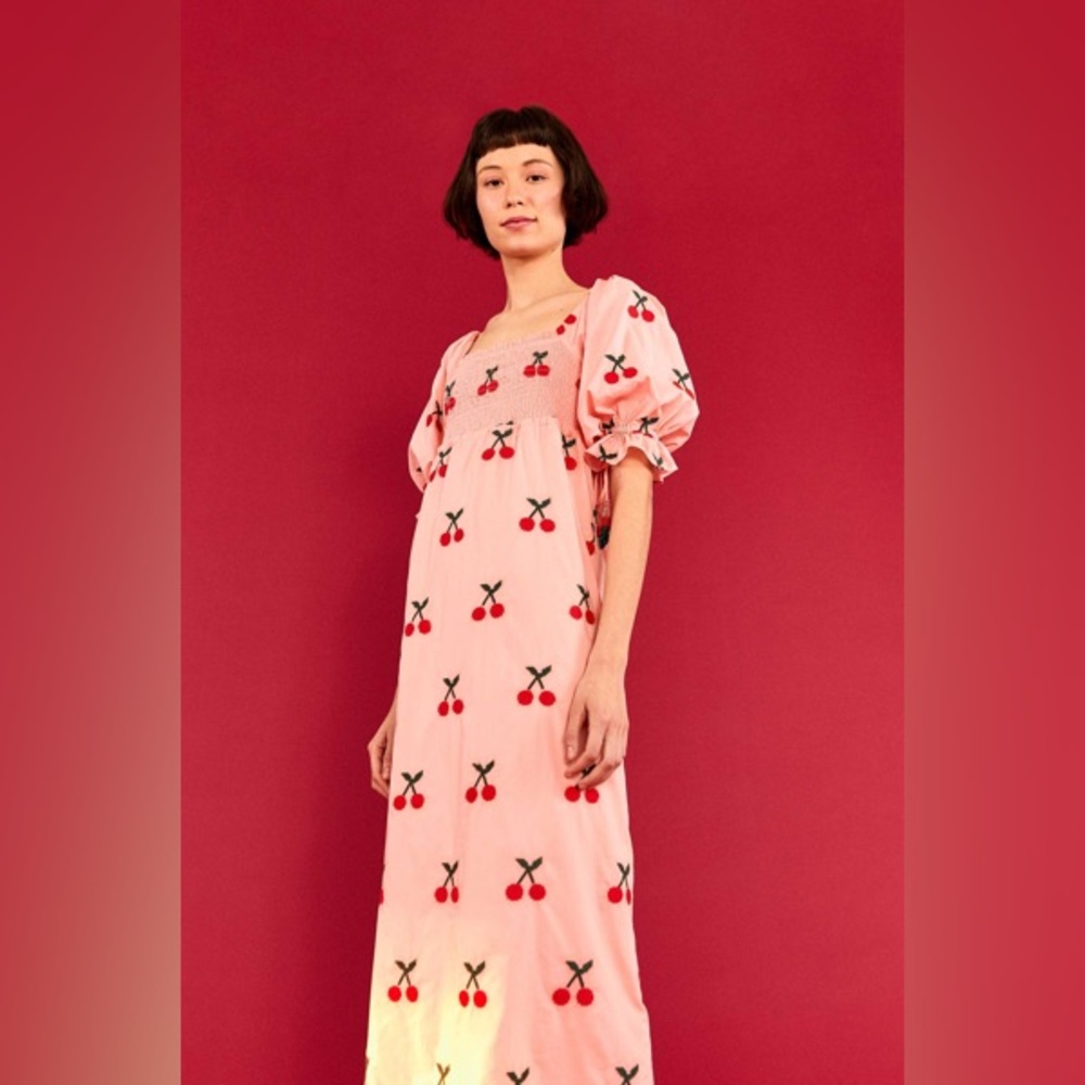 FARM Rio 🍒 Cherry 🍒 Cross Stitch Midi Dress In Light Pink